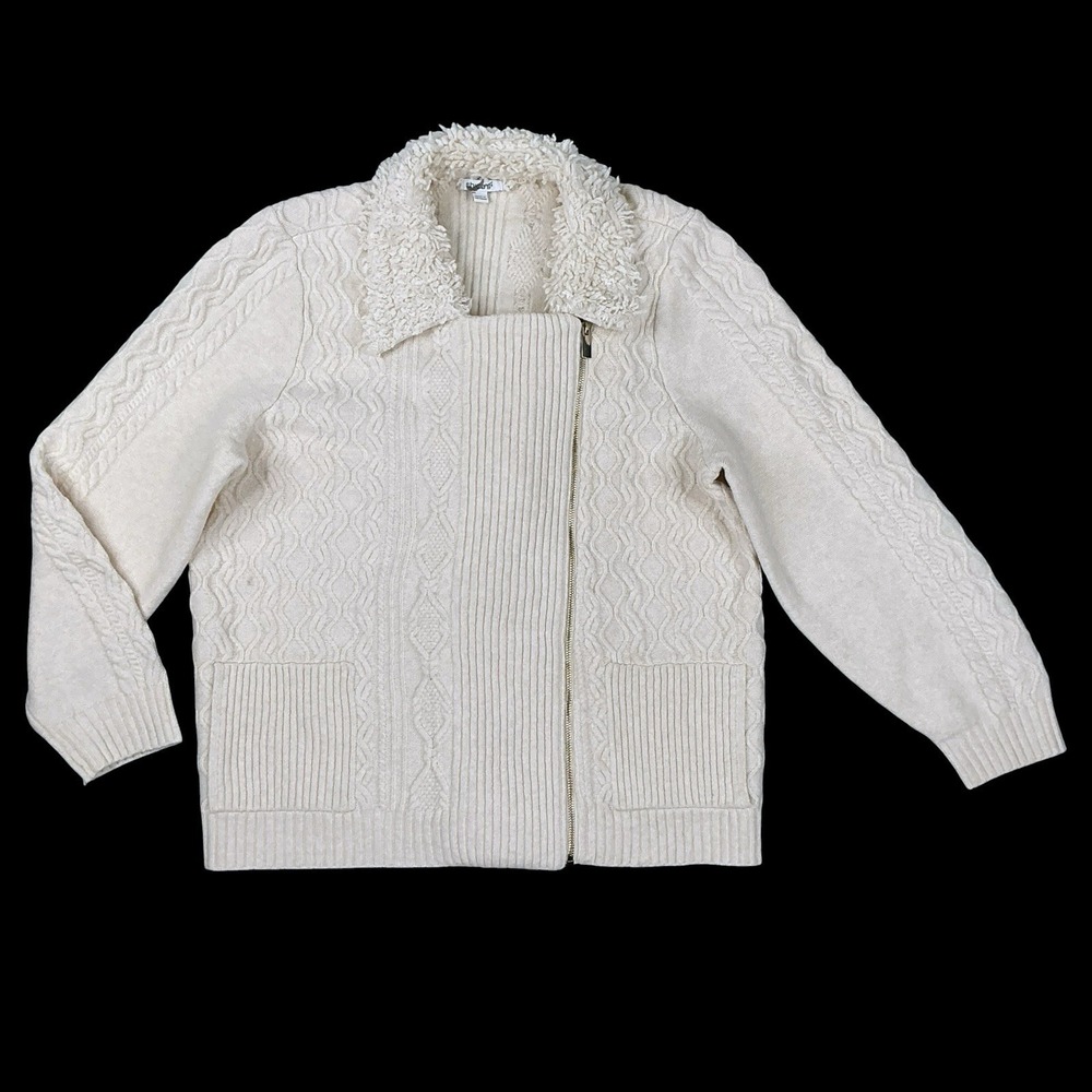 Chicos Cardigan Women 3/US XL Ivory Long Sleeve Full Zip Cable Knit Collar NWOT